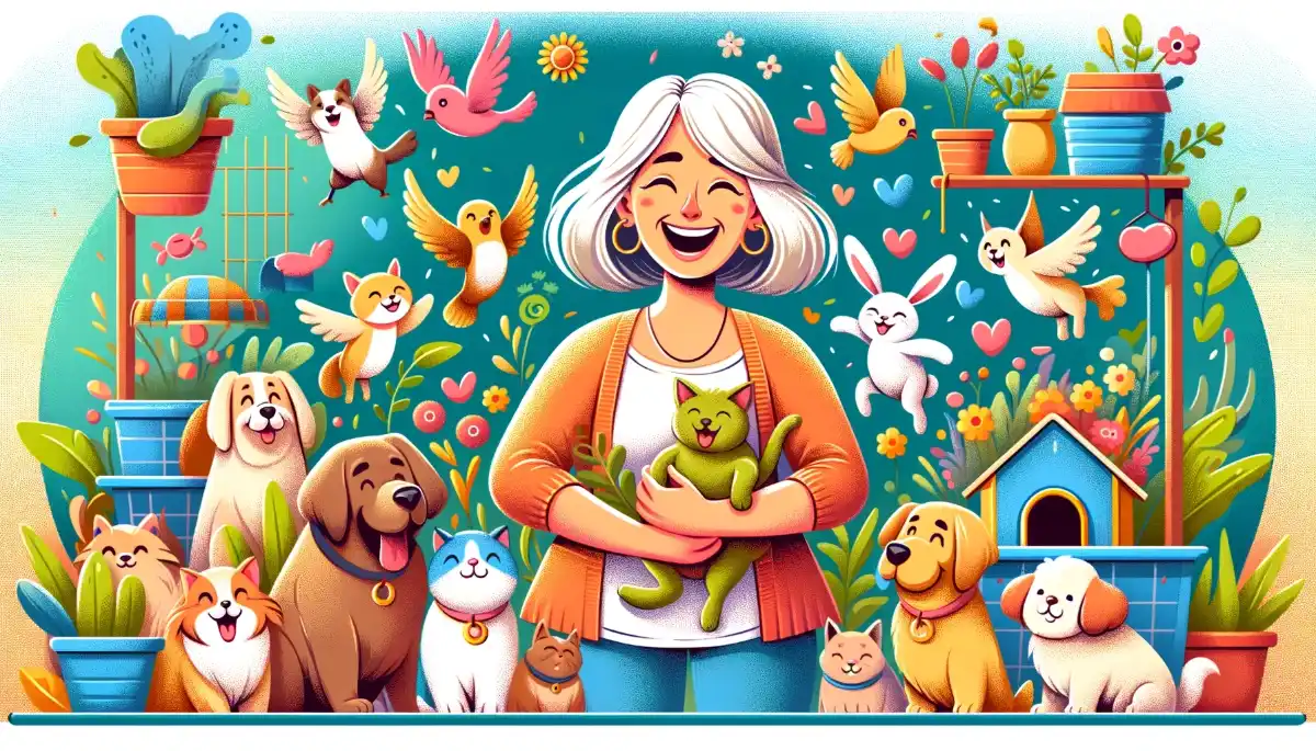 A woman surrounded by a wide range of happy home pets